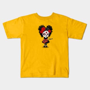 Sugar Skull Girl Playing Albanian Flag Guitar Kids T-Shirt